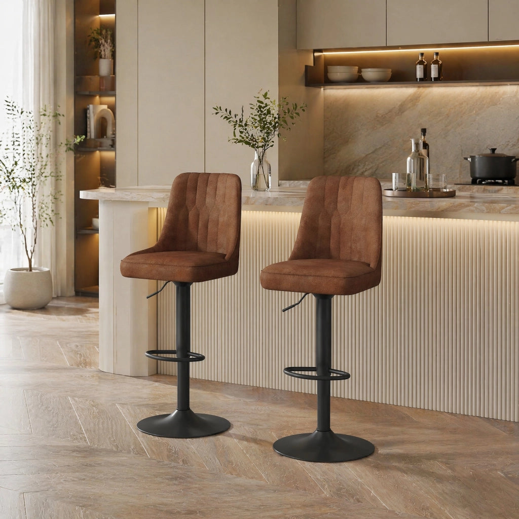 Sgabello da Bar Set da 2 Regolabile in Altezza Girevole con Schienale e Poggiapiedi in Tessuto e Metallo Marrone Nero