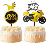 Decorazioni per torta di compleanno - moto e dinosauro - pezzi in acrilico per torta - regalo ideale per uomini - nero e oro.