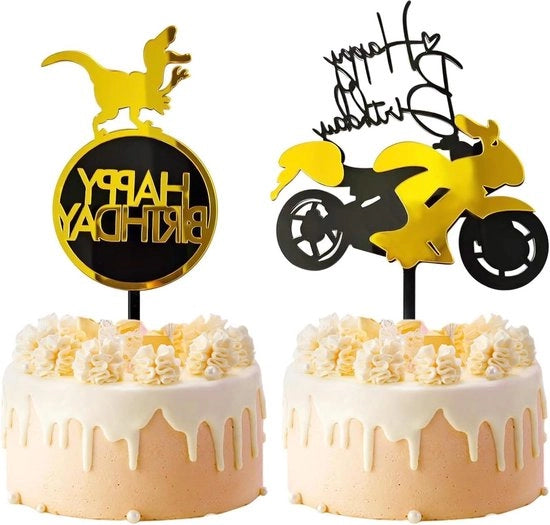 Decorazioni per torta di compleanno - moto e dinosauro - pezzi in acrilico per torta - regalo ideale per uomini - nero e oro.