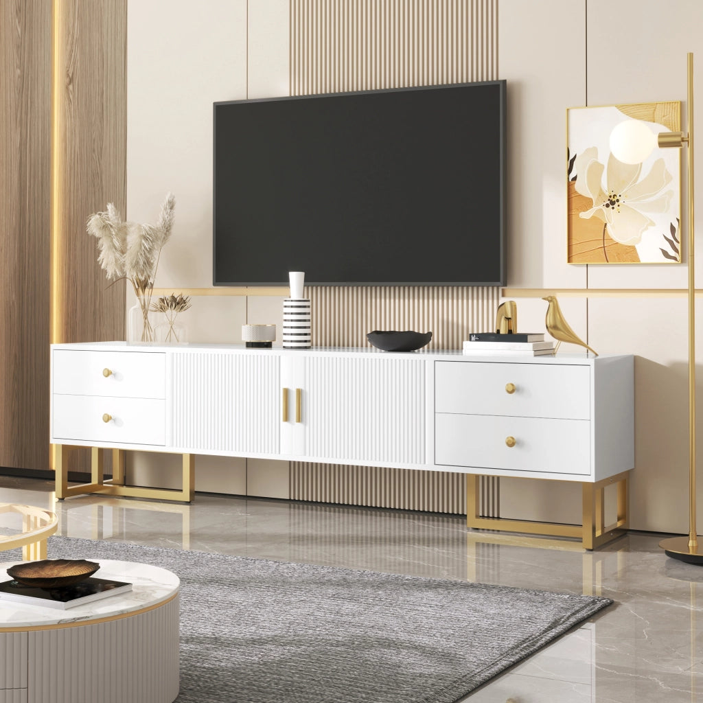 Mobile porta TV con 4 cassetti 2 ante testurizzate vano centrale cerniere ammortizzate MDF bianco 175 × 30 × 46 cm