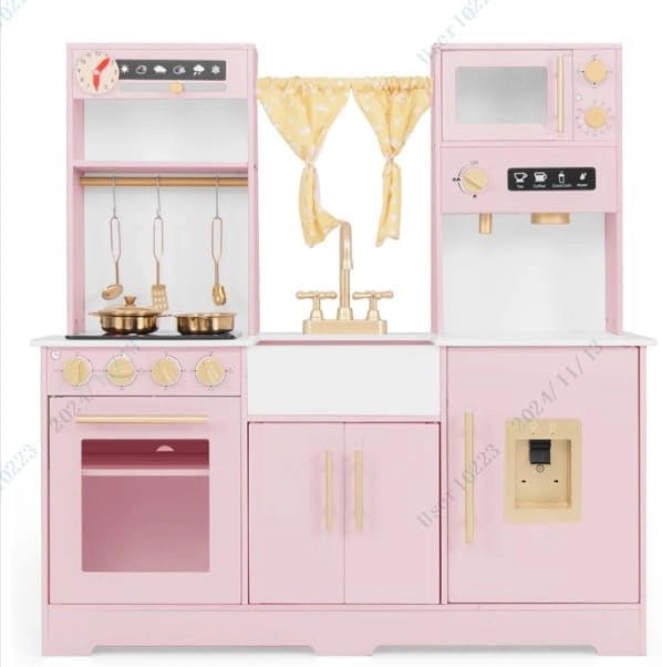 Cucina Giocattolo per Bambini, Cucina per Bambini in Legno con Forno, Microonde, Macchina da Caffè, Macchina del Ghiaccio, Lavello e Rubinetto, con Luci e Suoni per Bambini di 3+ Anni (Rosa)