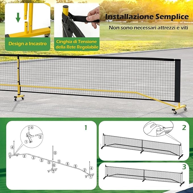 Rete Pickleball Portatile da 6,7 m con Ruote, Rete per Tennis con Telaio in Metello e Borsa da Trasporto, per Badminton ed Allenamento Multifunzionale Resistente da Interno ed Esterno