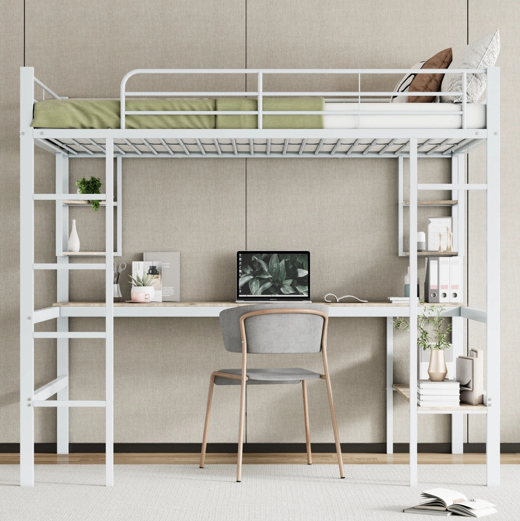 Letto a soppalco 140x200 cm in metallo con scrivania e libreria