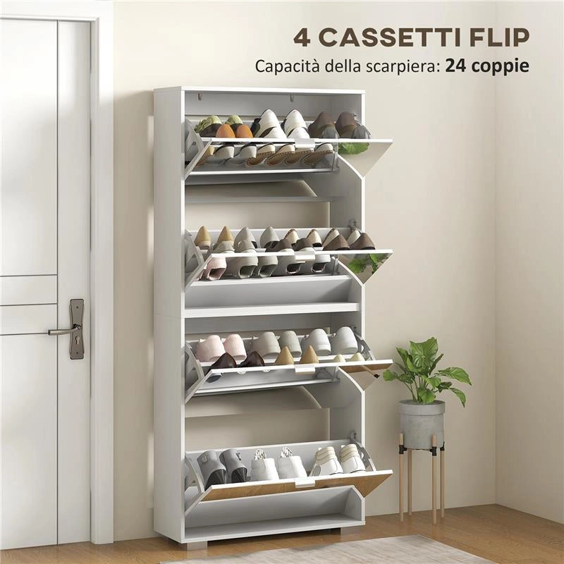 SCARPIERA SALVASPAZIO SLIM CON SPECCHIO E 4 CASSETTI PER 24 PAIA DI SCARPE, 76X26X178CM, BIANCO