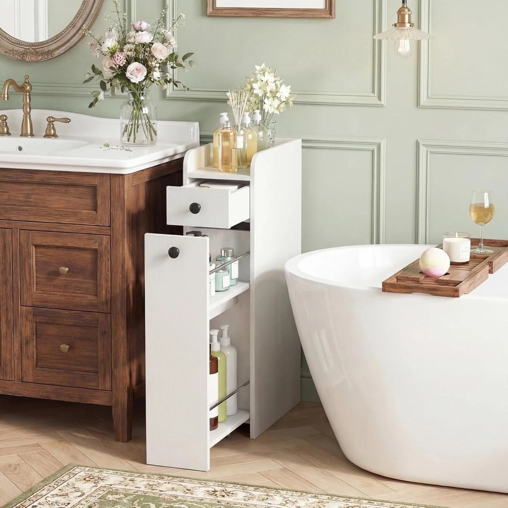 Armadietto da Bagno Stretto, Mobile Salvaspazio da Terra con 2 Ruote e 2 Cassetti Estraibili, Carrello Portaoggetti in Legno per Cucina e Lavanderia, 40 x 18 x 70 cm
