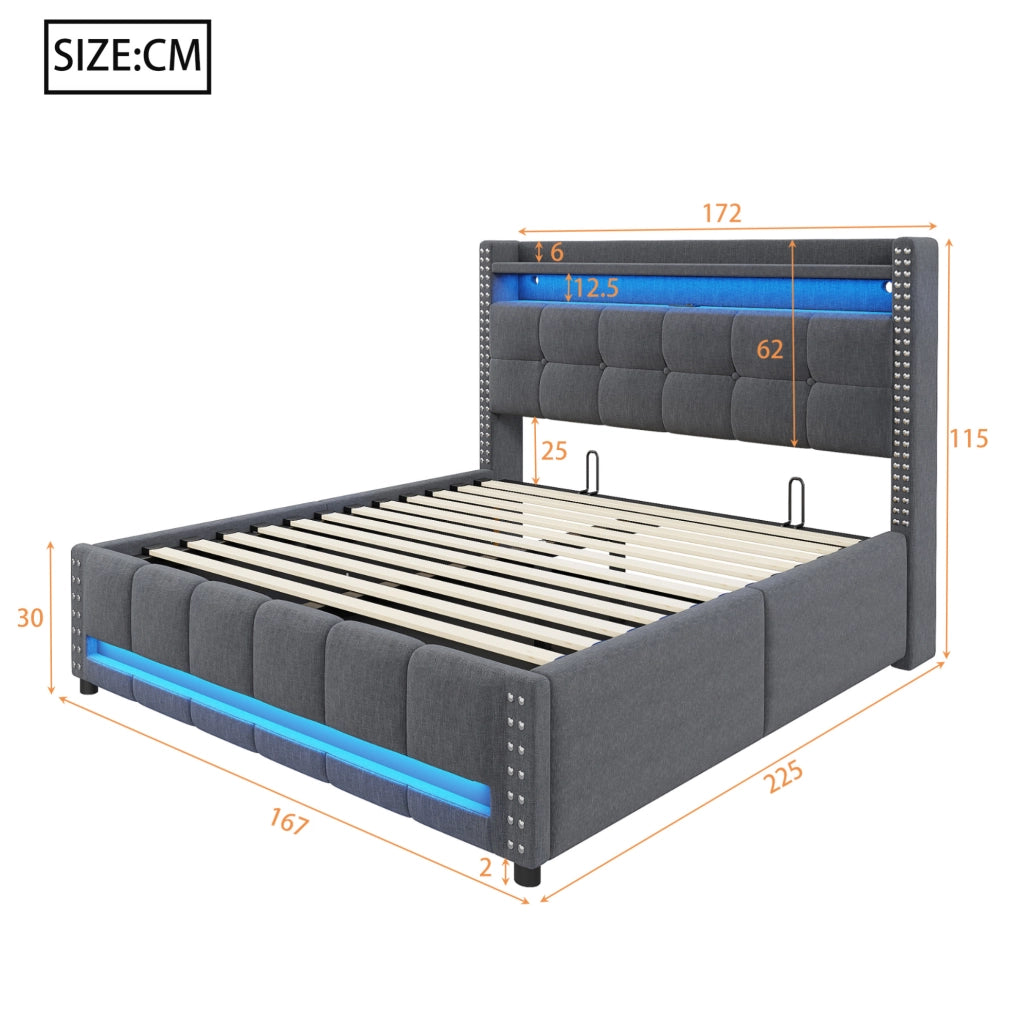 Letto imbottito grigio 160 x 200 cm con LED, USB e contenitore