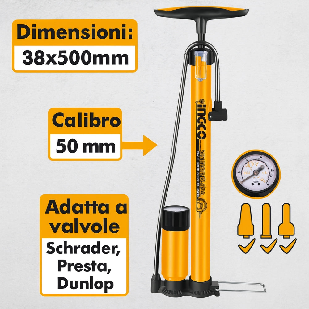 Pompa manuale professionale manometro tubo acciaio bici moto auto 38x500 mm