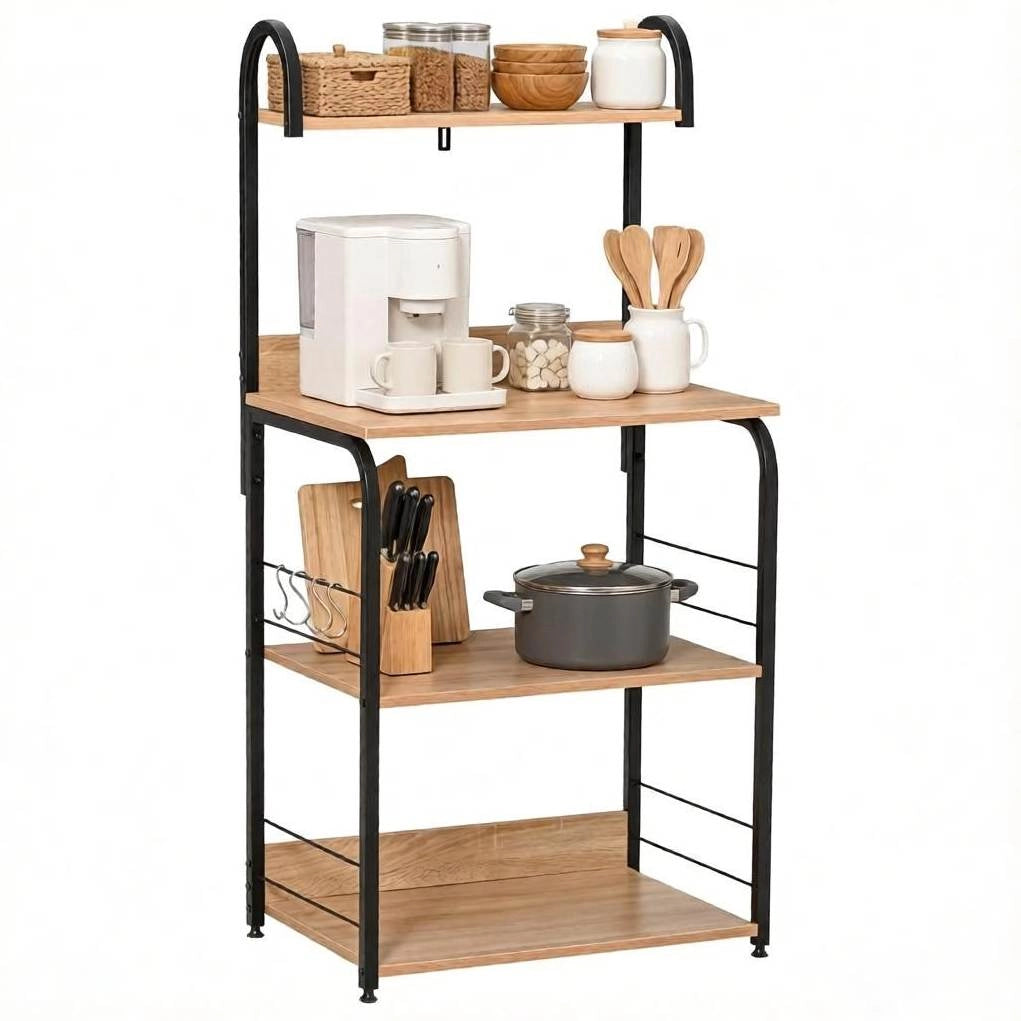 Scaffale da cucina a 4 livelli con ganci, ripiani e vassoio, nero effetto legno