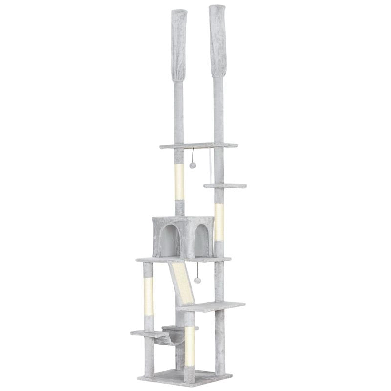 ALBERO TIRAGRAFFI A SOFFITTO CON ALTEZZA REGOLABILE 225-255 CM CON CASETTA E AMACA, GRIGIO CHIARO