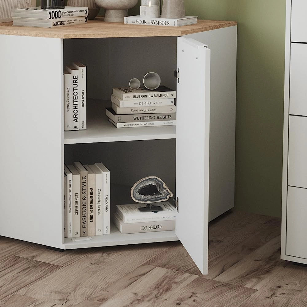 Credenza Betti, Bianco/Sonoma, 77.9 x 77.9 cm con 1 porta, per riporre abiti e oggetti di uso quotidiano