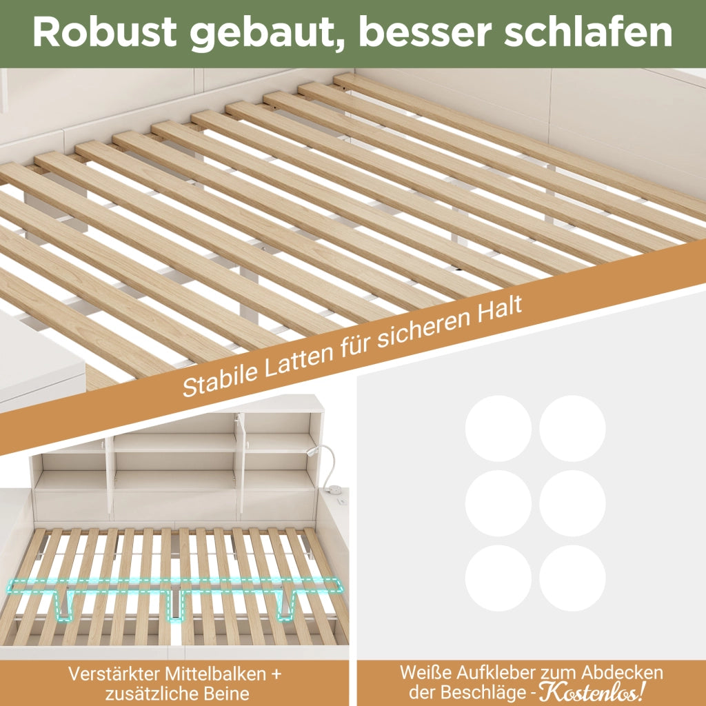 Letto contenitore 140 × 200 cm con 2 cassetti, USB e Type-C, luce da lettura, senza materasso, bianco