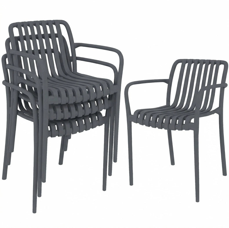 Set di 4 sedie da giardino impilabili con design a lamelle e braccioli, colore grigio scuro, ergonomiche