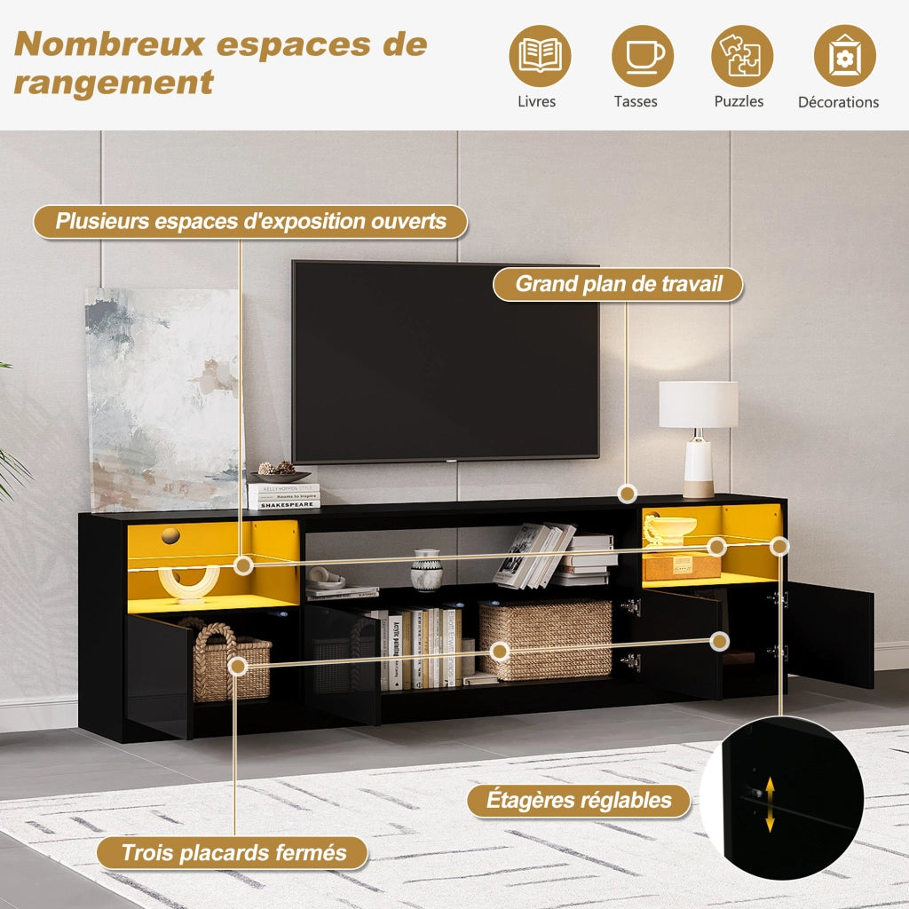 Mobile porta TV con LED, 4 ante e 8 vani, pannello truciolare nero lucido, 180 × 35 × 60 cm