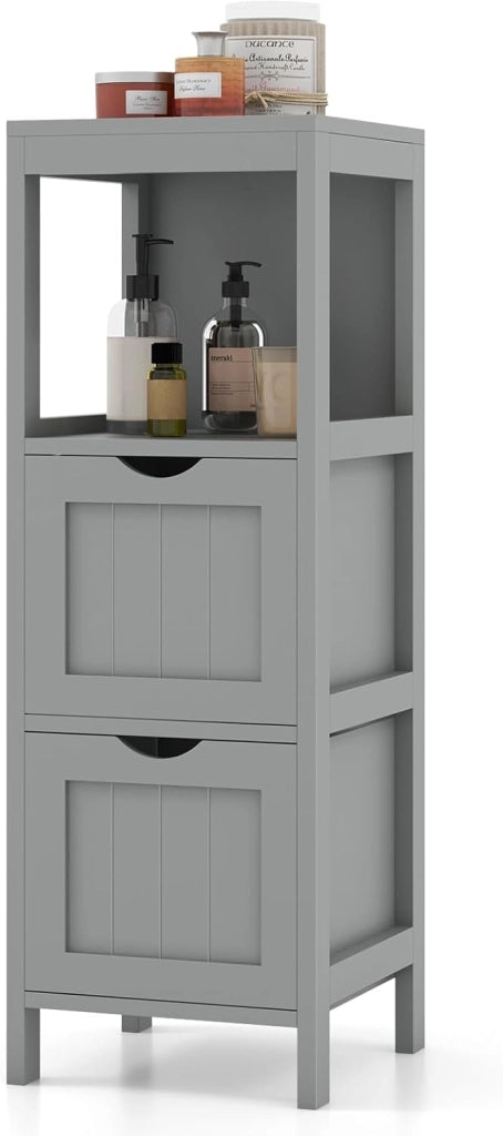 Mobile Bagno Stoccaggio a 3 Livelli, Colonna Bagno Cassettiera Armadio con Mensola Aperta e 2 Cassetti, Armadio su Piede per Soggiorno, Cucina, WC, 30 x 30 x 90 cm (Grigio)