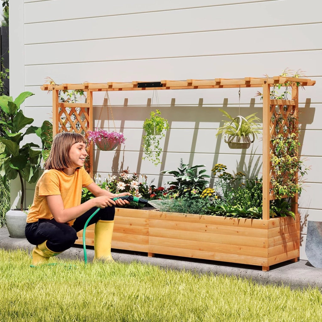 Fioriera rialzata con traliccio, 200 x 44 x 114 cm, fioriera con traliccio e tetto, aiuola rialzata per giardino, balcone, legno, per fiori, piante rampicanti e cesti sospesi, arancione