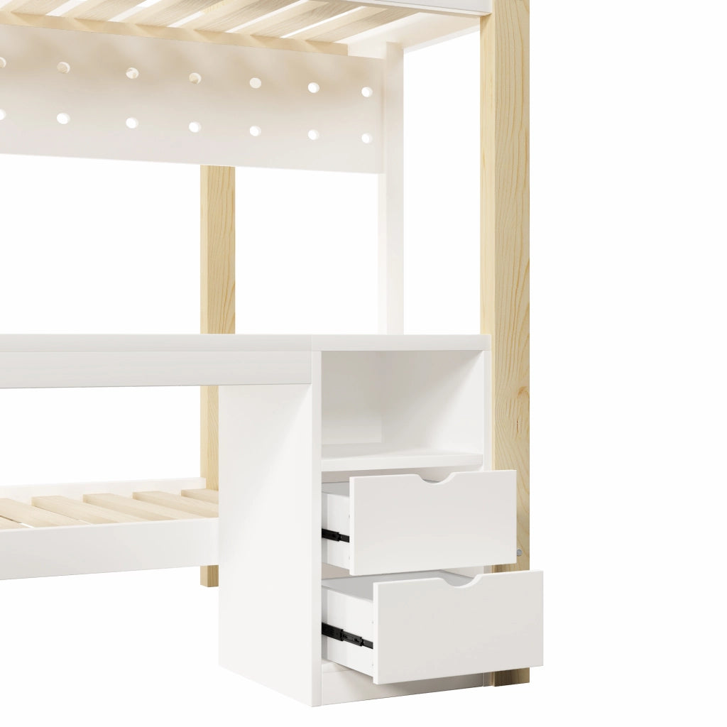 LETTO A CASTELLO 140x200/90x200 cm Pino Bianco e Naturale con cassetti e scrivania