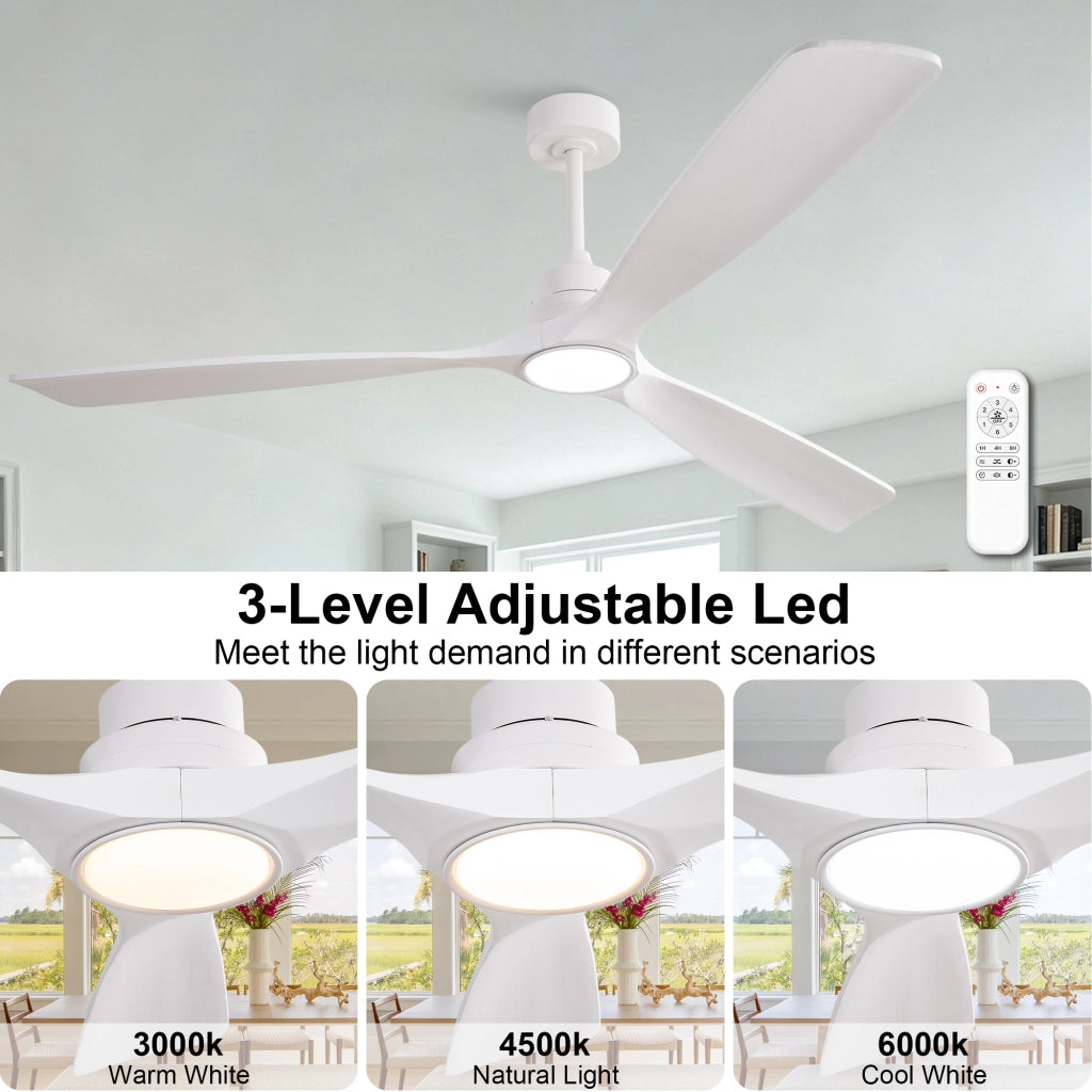 Ventilatore da soffitto bianco puro 70 pollici, 3 pale ad elica rinforzate in legno massello, motore DC reversibile silenzioso, design moderno
