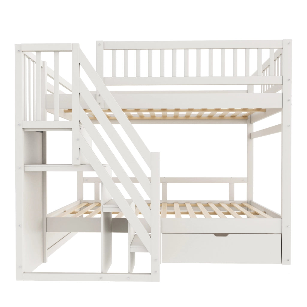 DESMIU Letto a Castello 2 Posti con Scala Contenitore, Cassetto e Sponde Alte, 140 × 200 cm, Senza Materasso