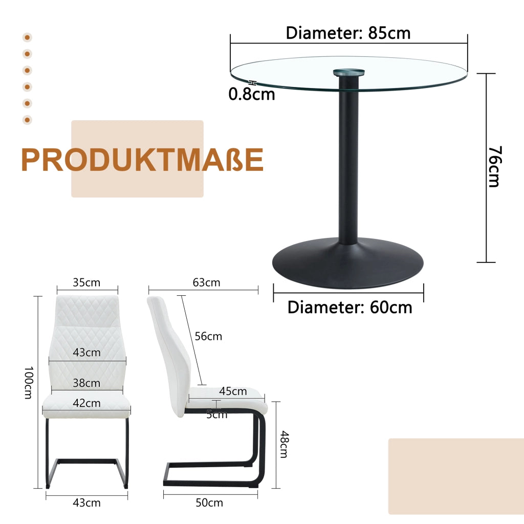 Set tavolo cucina e sedie con 1 tavolo rotondo e 4 sedie in vetro; metallo e PU bianco; nero e trasparente