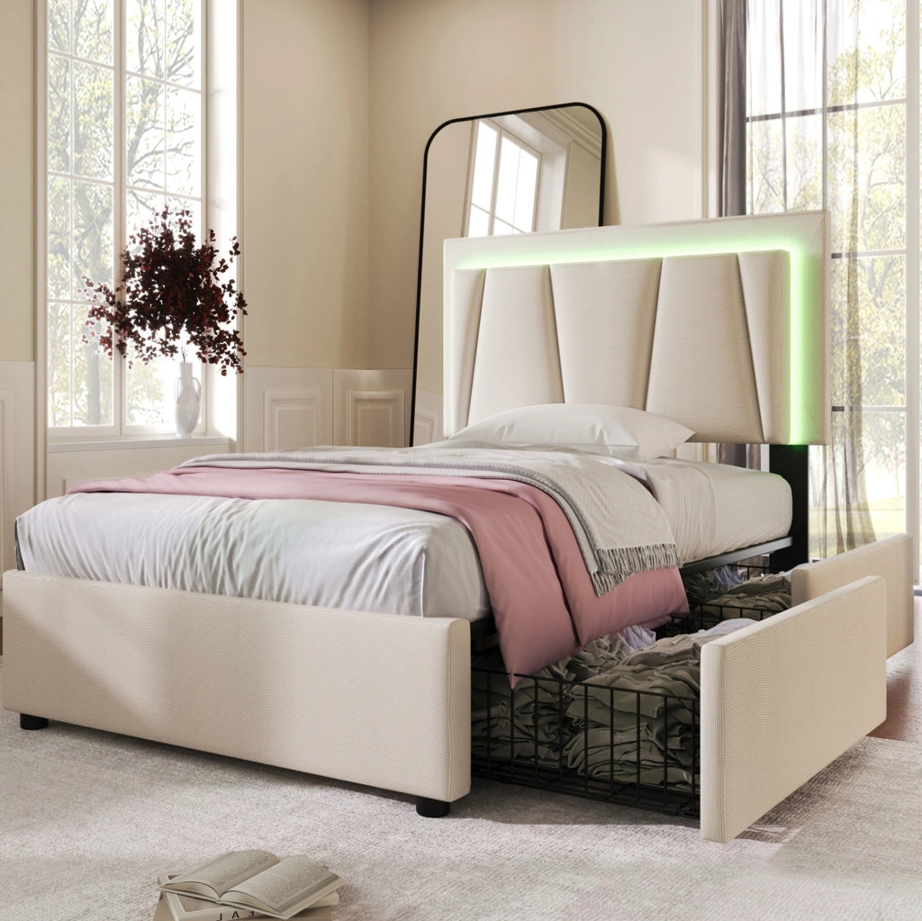 Letto singolo 90x200 cm con LED; 2 cassetti e testiera regolabile; tessuto beige