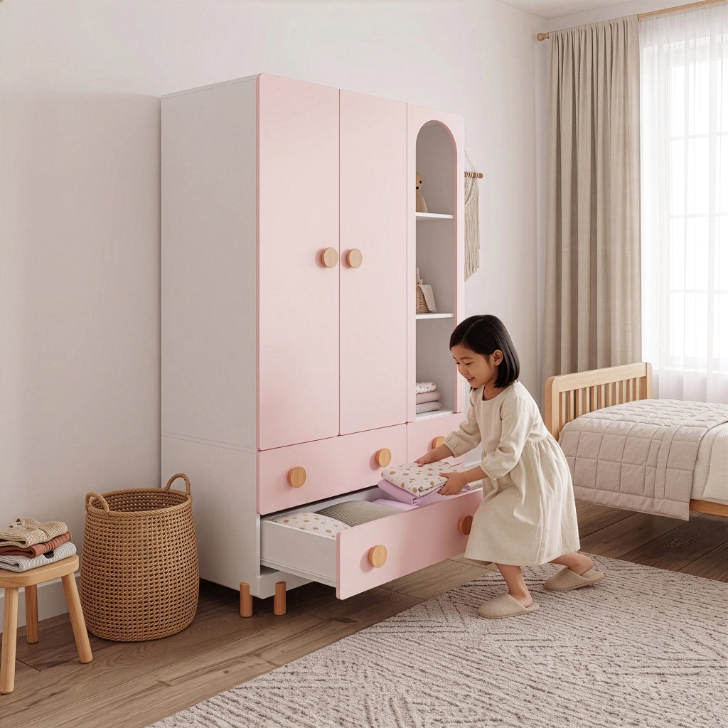 Armadio per Cameretta Vaarentaa a 2 Ante con 4 Cassetti e 3 Vani Aperti 156x90x41 cm - Bianco/Rosa [en.casa]