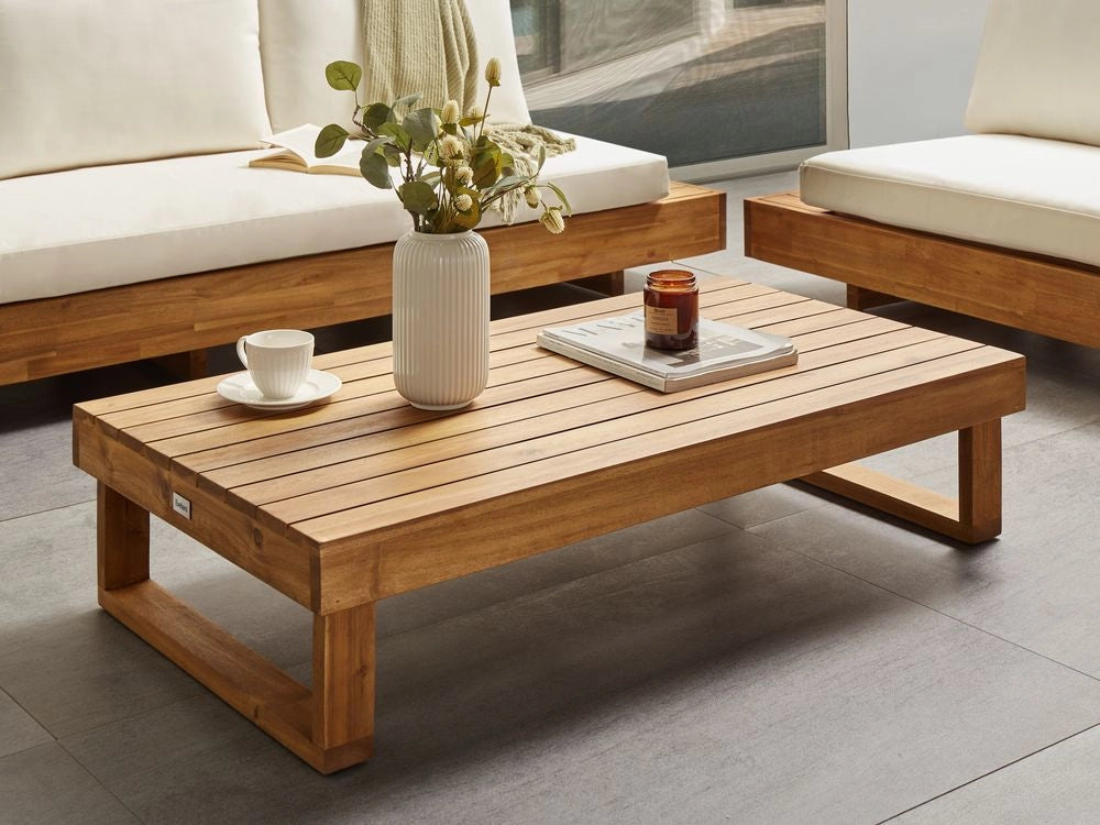 Tavolino da giardino in legno d'acacia certificato 110 x 60 cm Design moderno per esterni Patio Balcone