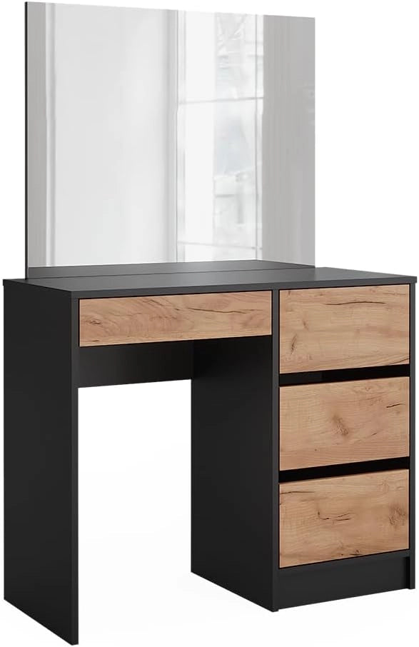 Tavolo da toilette Sherry, Antracite/quercia dorata, 90 cm con specchio, con grande specchio per la cura quotidiana e la creazione di acconciature