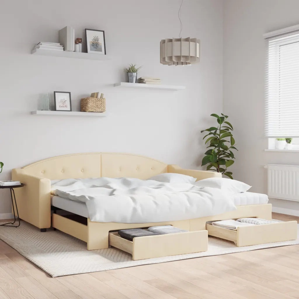 Divano Letto Estraibile con Cassetti-Sofa Letto-Daybed Crema 100x200cm in Tessuto 312280