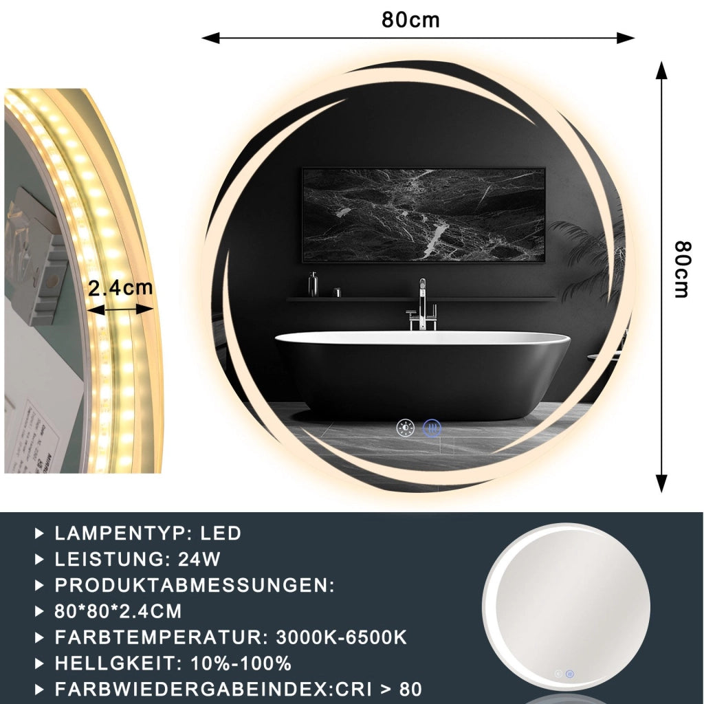 ZMH Specchio da bagno con illuminazione Specchio da bagno moderno rotondo IP44 con funzione touch