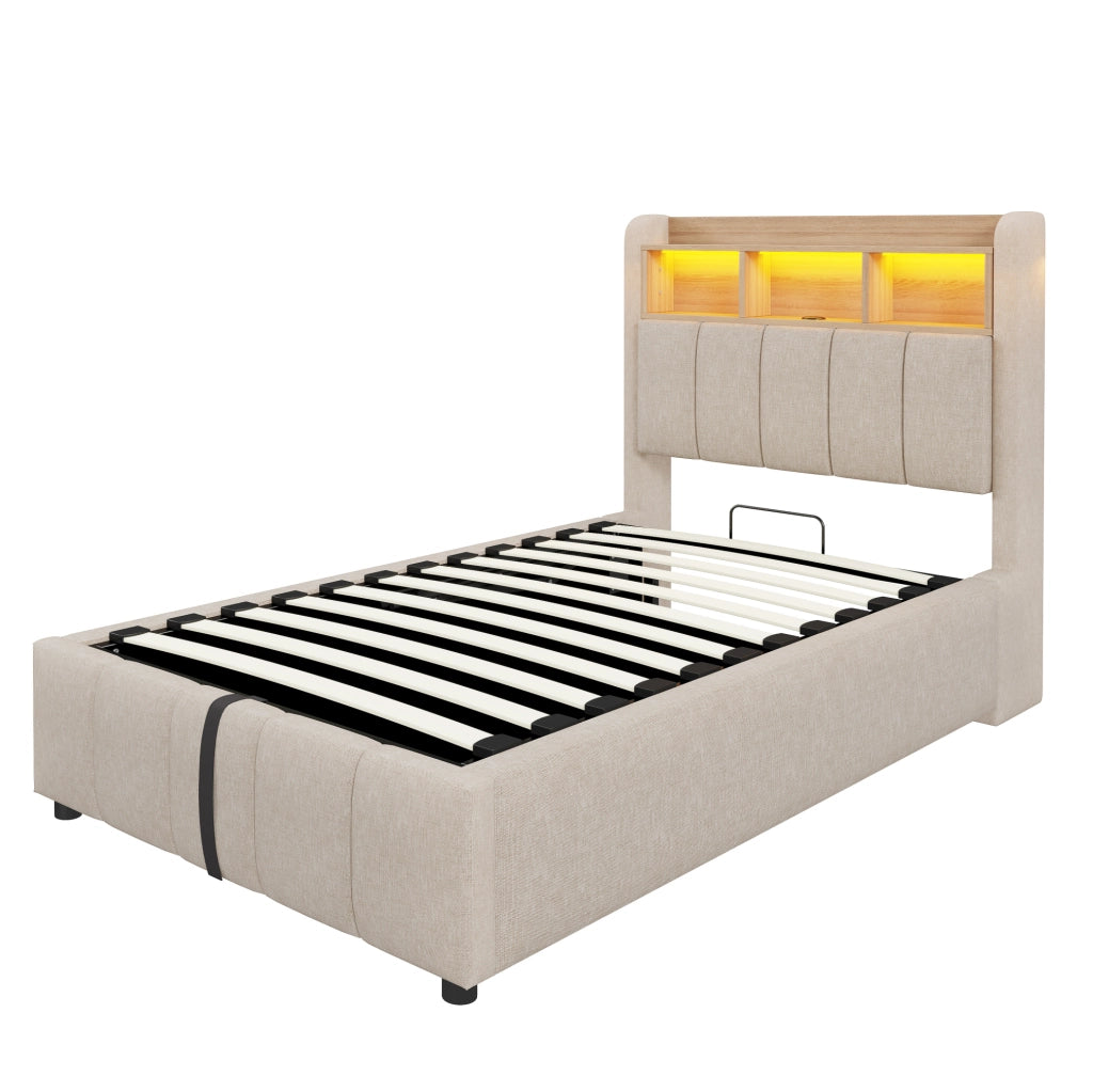 Letto imbottito 90x200 cm con LED, USB e vano contenitore in tessuto di lino beige