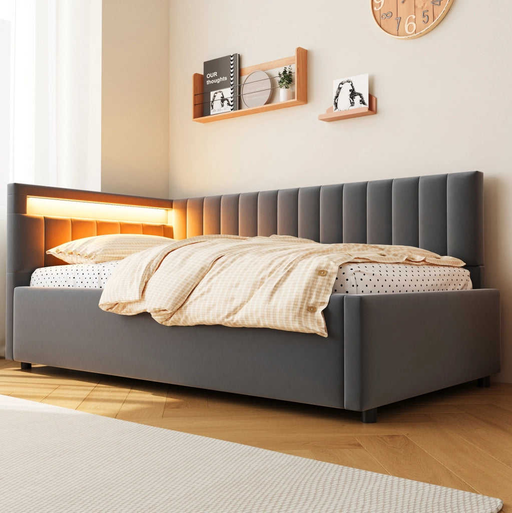 Divano letto 90x200 cm con LED e contenitore; velluto grigio (Senza materasso)
