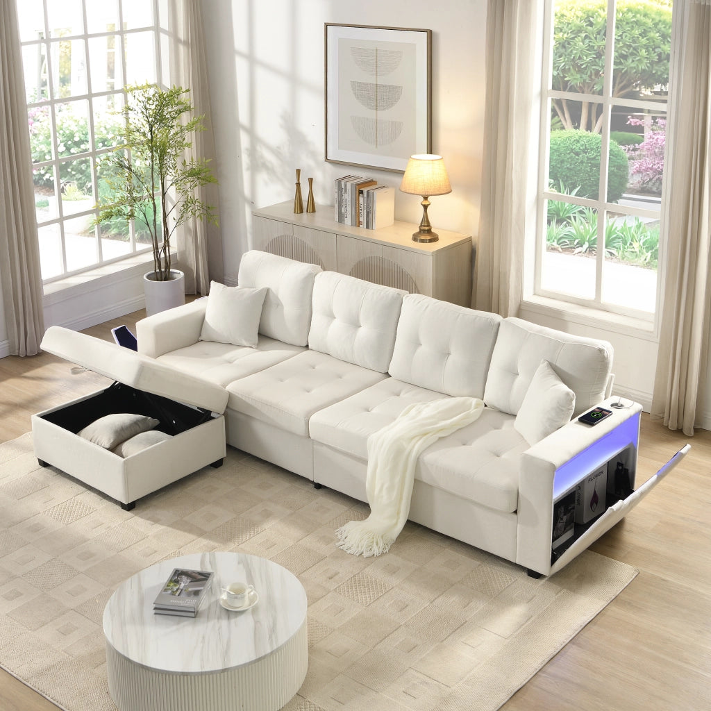 Divano angolare modulare 253 cm 4 posti con pouf con contenitore; lino; beige