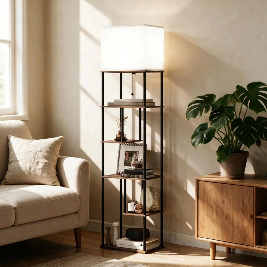 Lampada da terra dimmerabile con 5 ripiani; telecomando; MDF e metallo; beige e nero