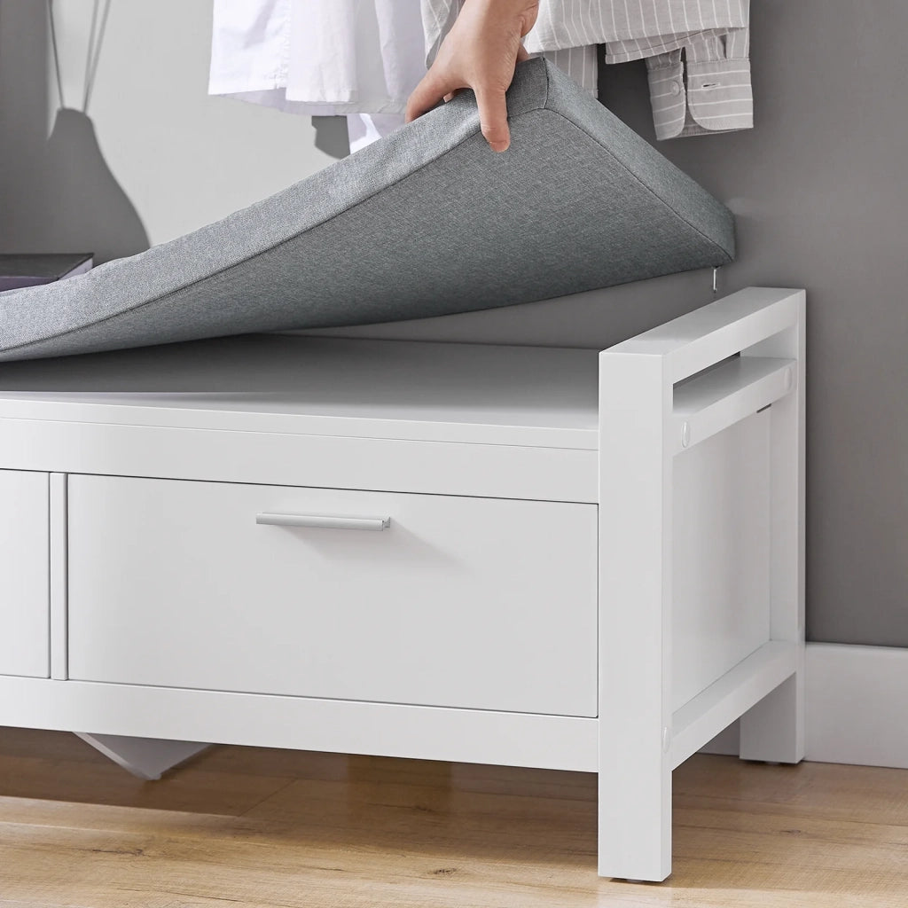 Cassapanca Bianca Contenitore Panca camere da Letto Seduta con Cuscino 2 cassetti con Guide Bianco L100*P40*A40cm FSR74-W