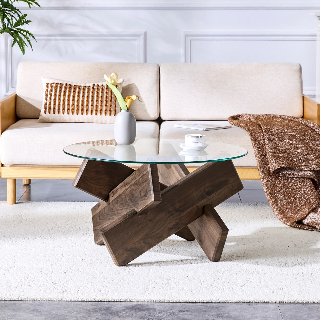 TAVOLINO rotondo 79 cm MDF e vetro trasparente effetto noce