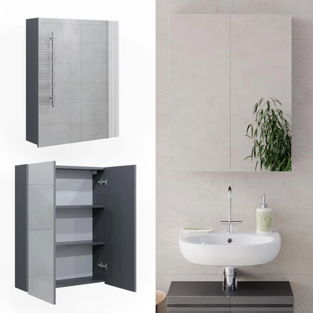Specchio contenitore bagno Fredd, Antracite lucido, 60 x 77 cm, a parete con due ripiani interni regolabili