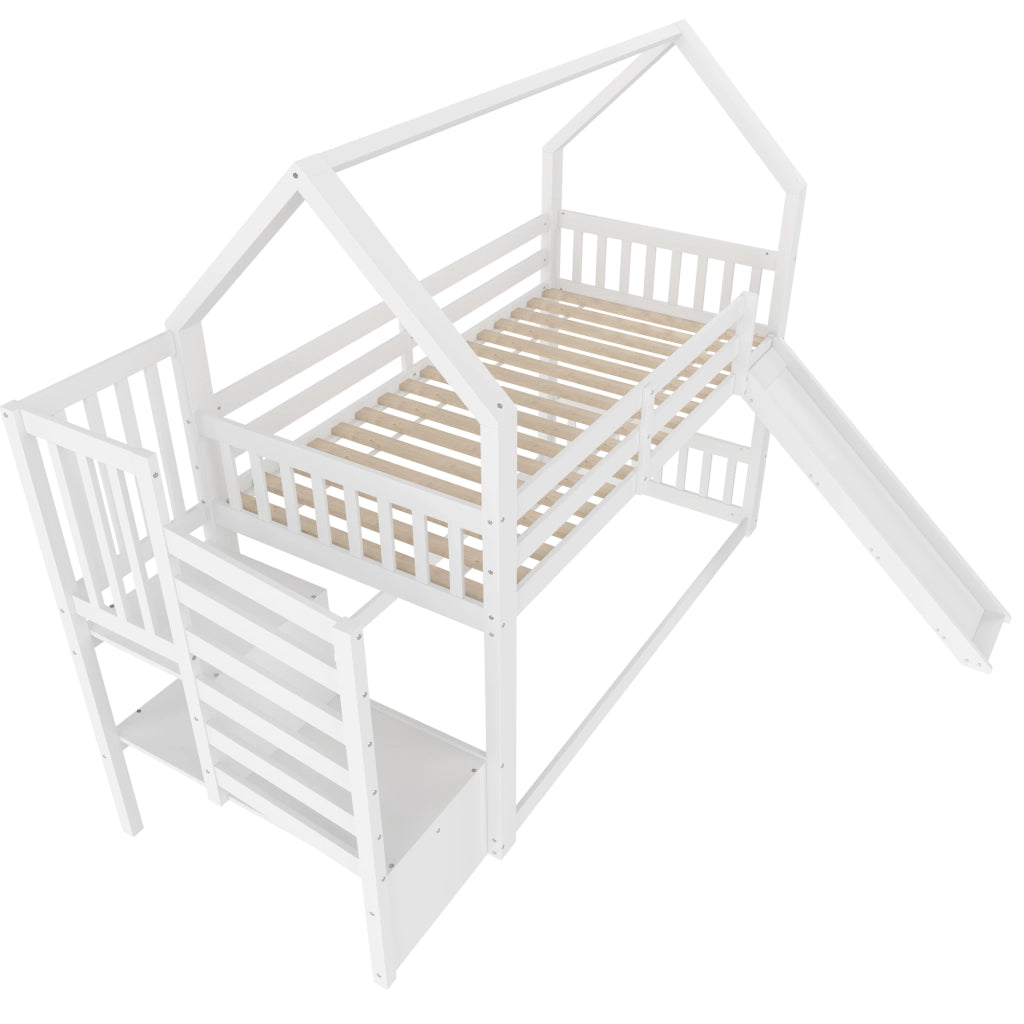 OKWISH Letto a Castello a Casetta 90×200 cm, Letto Singolo con Scala con Contenitore, Scivolo e Sponda, senza Materasso, Bianco