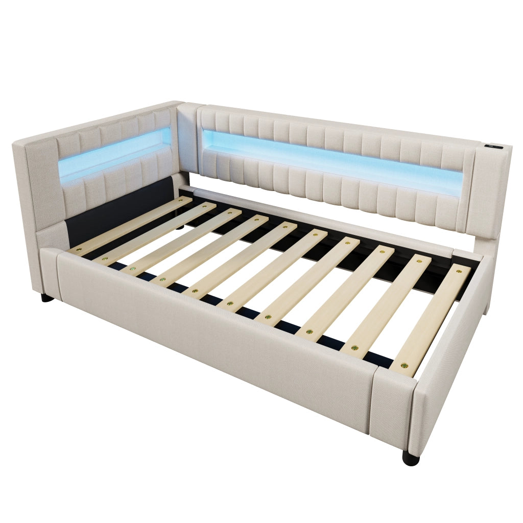OKWISH Letto Divano 90×200 cm, Letto Singolo con Contenitore Idraulico, LED Regolabile e USB e Tipo C, senza Materasso, in Lino, Beige