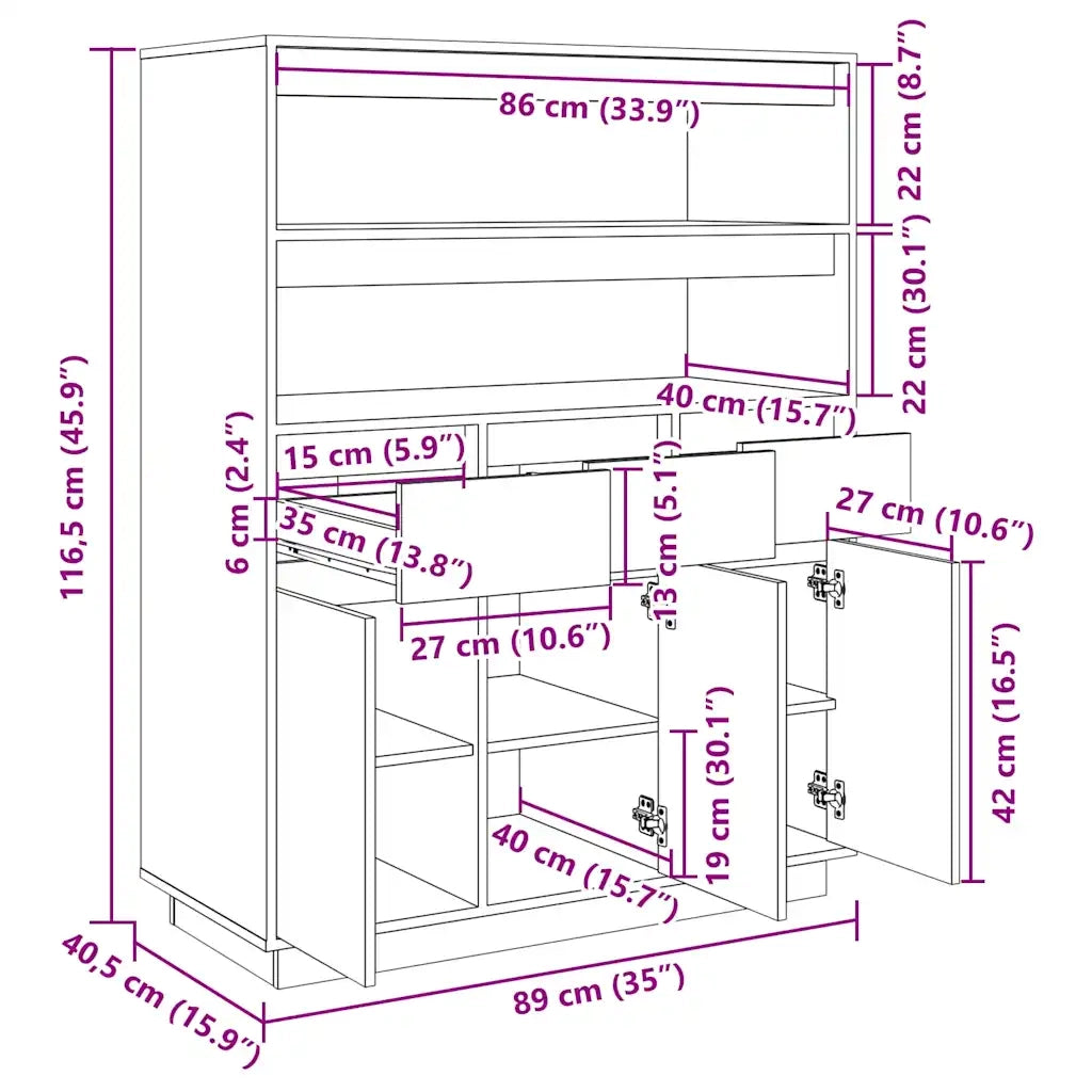 Credenza | Madia | Buffet da pranzo | Armadio da pranzo ambra 89x40x116,5 cm in Legno Massello di Pino