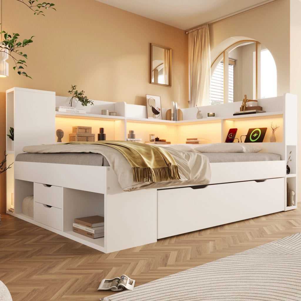 Letto da giorno 140x200 cm bianco con materasso, LED e USB