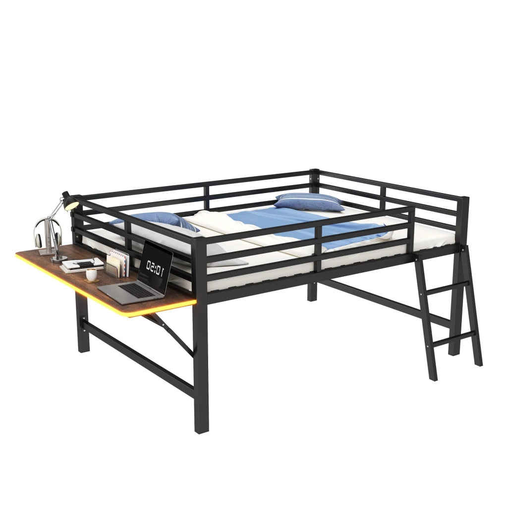 Letto in metallo 140 x 200 cm con scrivania pieghevole e luce LED, nero