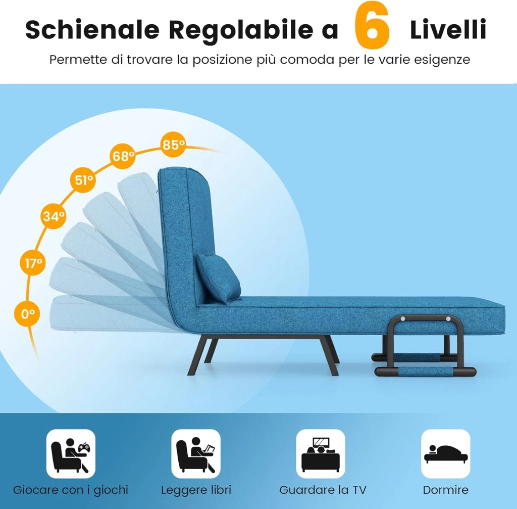 Poltrona Letto, 4 in 1 Poltroncina Pieghevole con Schienale Regolabile in 6 Posizioni, Sedile Imbottito Robusto, Divano Letto Singolo per Casa Ufficio, 79x65x79 cm (Blu)