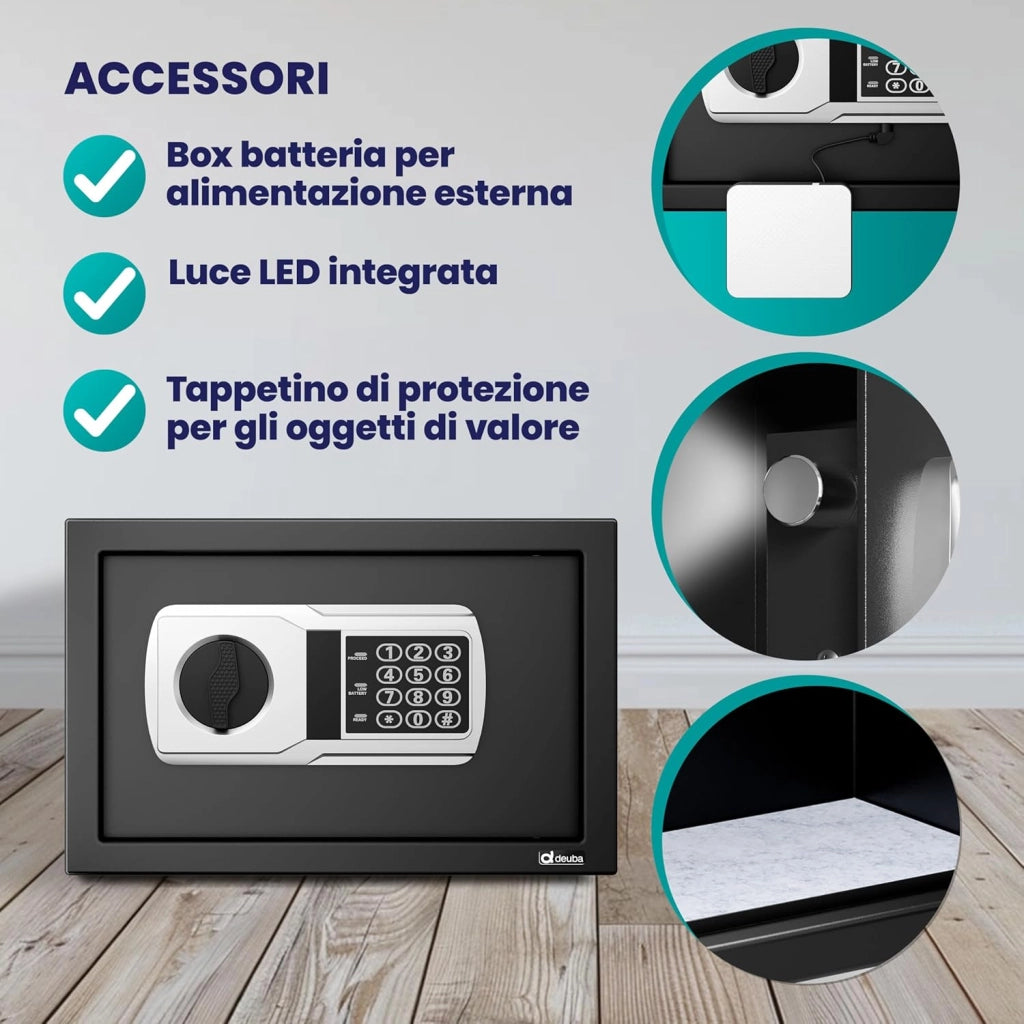 Cassaforte Elettronica con Combinazione 31x20x20cm LED Doppio Bullone in Acciaio Cassetta Sicurezza Nera