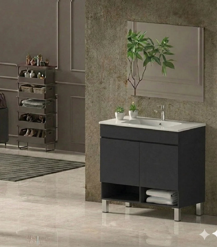 Mobile Bagno NEBARI com gambe Già Montato 2 portas, lavabo e specchio Grafite 60x45 cm