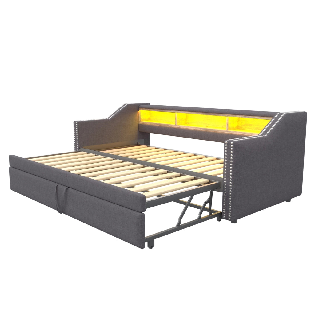 Divano letto estraibile 90/180x190 cm con ripiani, LED e USB grigio scuro
