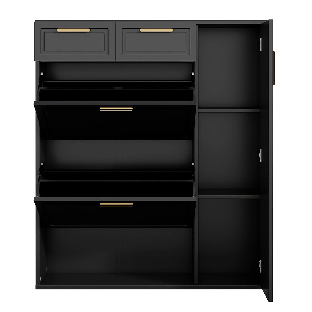 Scarpiere moderna - Xylo - L95/P24/H107 - Nero - Ripiani regolabili, maniglie dorate, cassetti, pieghevole