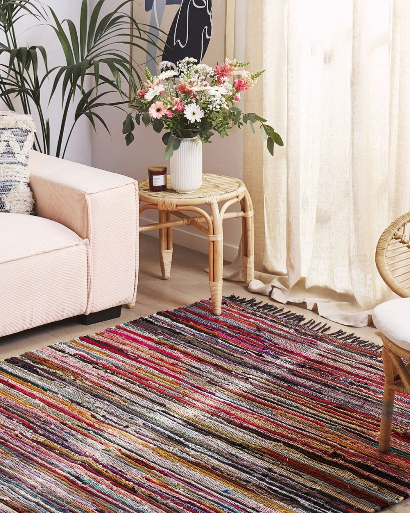 Tappeto da Zona Scuro Multicolore Cotone Poliestere 140 x 200 cm A Righe con Frangia Rettangolare Fatto a Mano Boho Eclettico