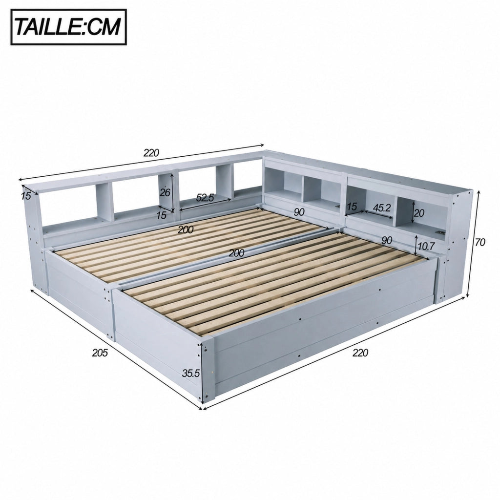 Letto combinato 90/180 × 200 cm con prese, LED, contenitore idraulico, senza materasso, in MDF, grigio