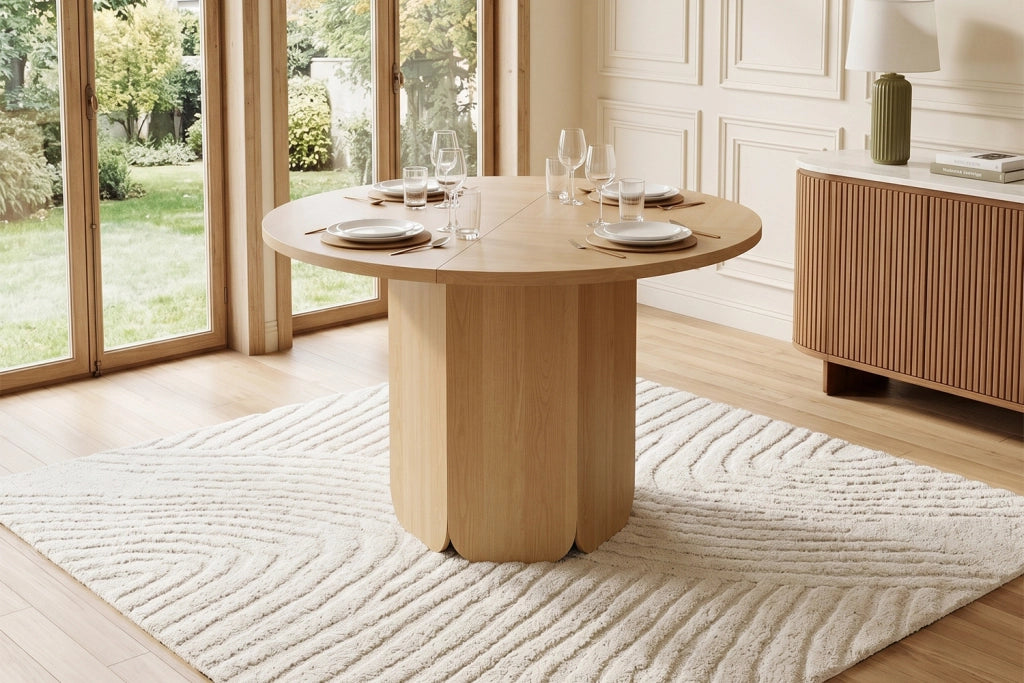Tavolo da pranzo rotondo 120 cm in MDF effetto rovere, per 4-6 persone, design scandinavo