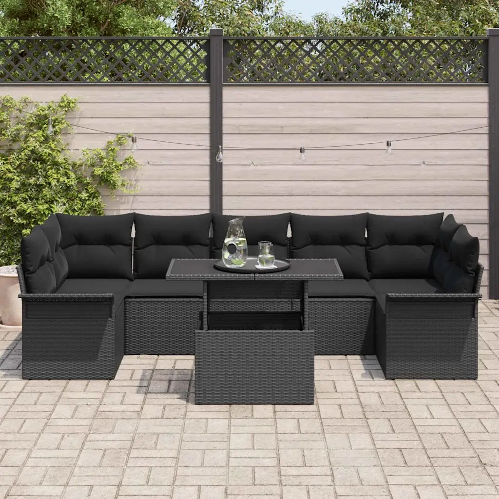 Set Divano da Giardino con cuscino 8 pcs Nero Poly Rattan